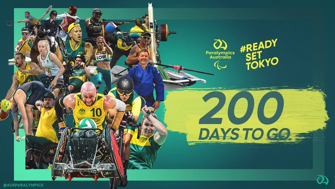 An image featuring a collection of Australian Paralympians participating in 19 summer Paralympic Games sports. Text on the right of the image reads: 200 days to go. Ready Set Tokyo.