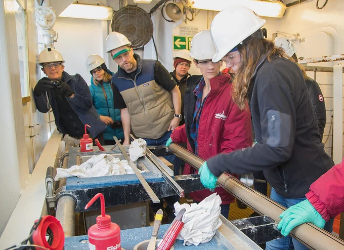 Sedimentologists working with the first core of Expedition 379.