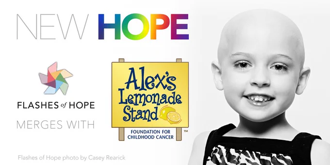 Young girl with a bald head photographed in black and white stands next to text that reads New Hope Flashes of Hope merges with Alex’s Lemonade Stand Foundation