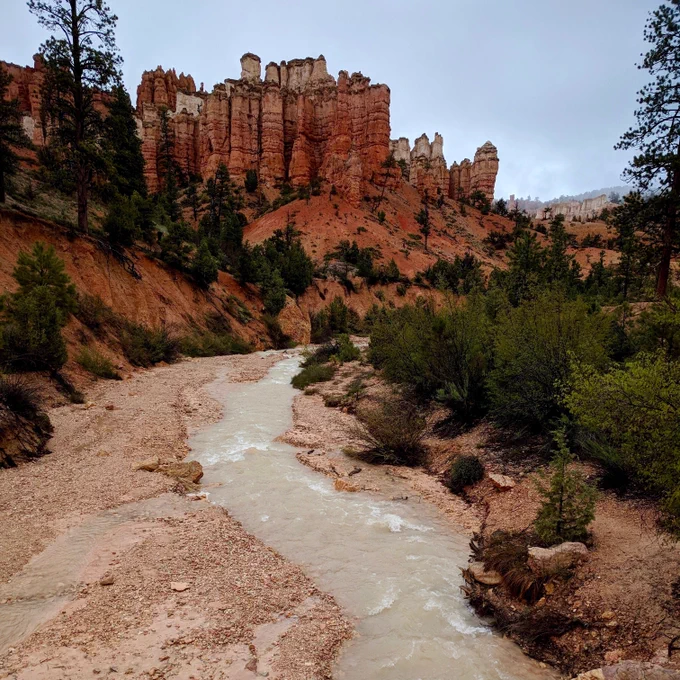 Red rock formations and a turbid stream