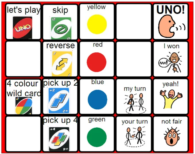 Uno communication card includes common phrases used and moves made during the game.