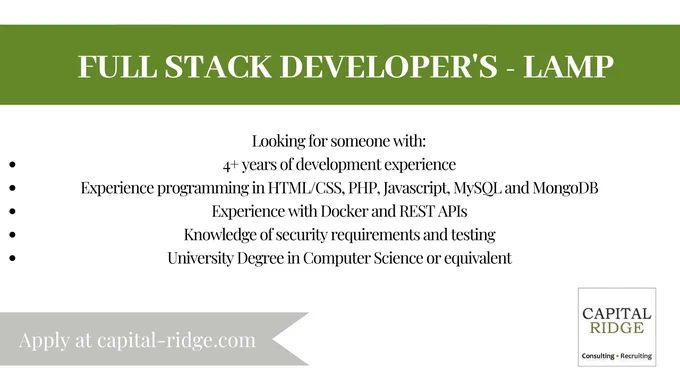 Searching for a Full Stack Developer with LAMP. Located in Ottawa, Ontario. With 4 years experience programming.