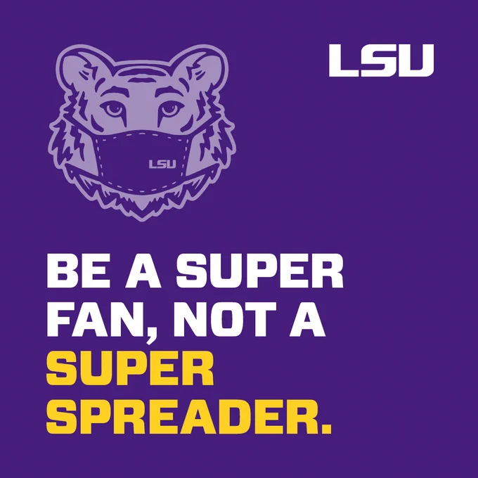 Graphic with an animated tiger head that has an LSU-branded mask on its face. The LSU logo is in the top right of the graphic. Text on the graphic: Be a super fan, not a super spreader.