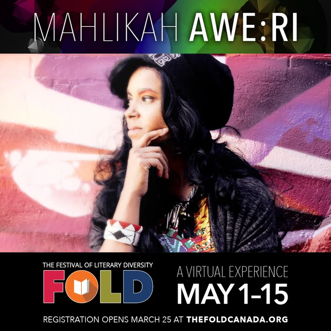 A photo of author Mahlikah Awe:ri--a Black Indigenous woman with long dark hair, wearing a sideways baseball cap and looking off to the side--in an announcement graphic for her participation in the FOLD festival 2021.