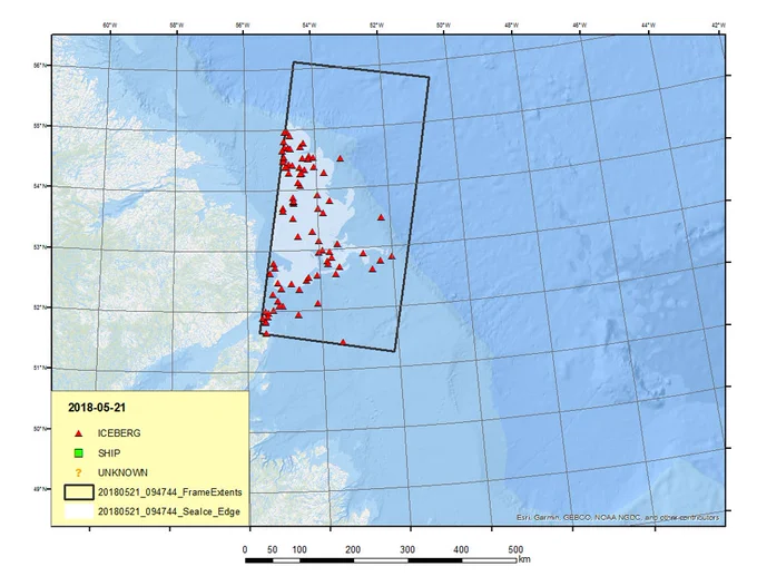 Iceberg locations plotted on a map.