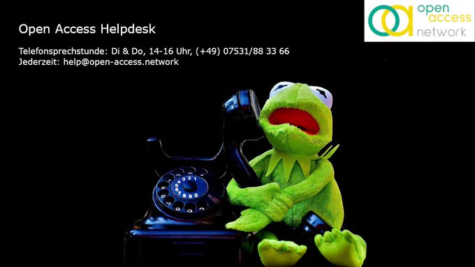 Text reads Open Access Helpdesk ( 49) 07531883366.  Beloved green frog muppet hugs old-fashioned black phone with dial. Expression is of frog remorse. This is a frog who needs help #OpenScience.