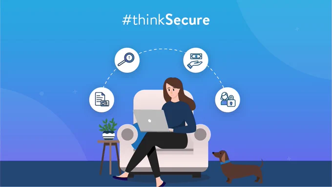 A person sat on a chair using a laptop beneath the words "thinkSecure"