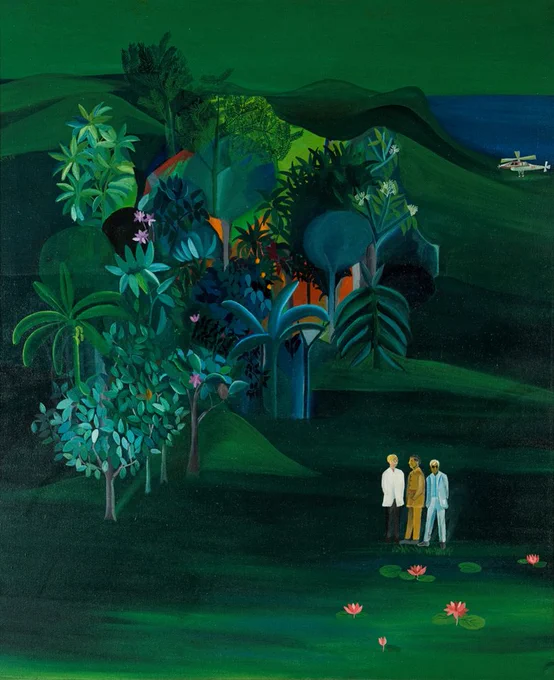 A painting, predominantly green, of a lush landscape. In the foreground three men walk together.