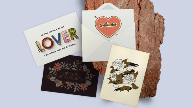 Four SACE consent themed greeting cards displayed on a piece of driftwood on a light blue background.
