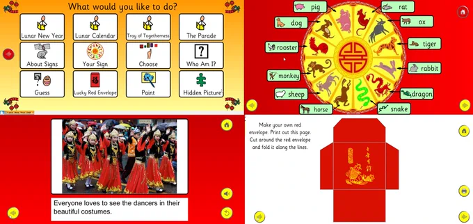 A collage of pages from the Lunar New Year unit available from resourceSET at SETBC.org.  The main menu page has 12 buttons of options. The Lunar Calendar shows the cycle of years with corresponding animal. A reading page shows dancers in their costumes and there is a page for creating your own red envelope.