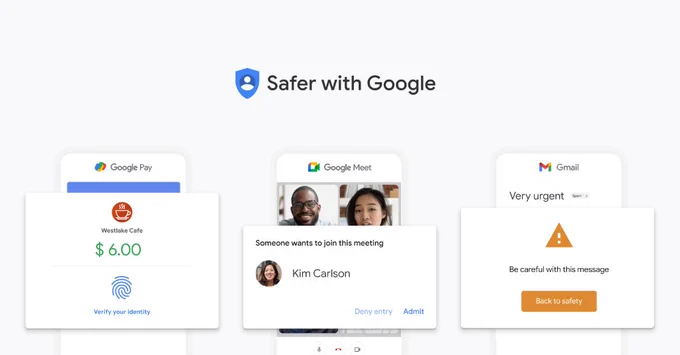 Screenshots of three different Google products - Google Pay, Google Meet, and Gmail - showing their different security features under a headline that says Safer with Google.