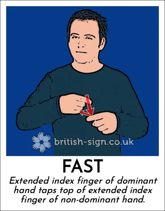 Illustration of person signing the BSL sign for "fast" with the caption "Extended index finger of dominant hand taps top of extended index finger of non-dominant hand.".
Today's #BritishSignLanguage