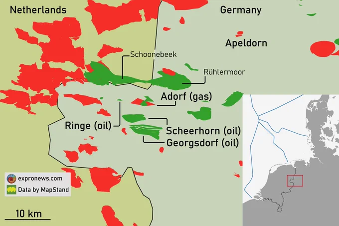 Overview of oil and gas fields in the area. The fields included in the acquisition are indicated in bold. We assume that the Scheerhorn oil field is the same as the Adorf-Scheerhorn mentioned in the press release.