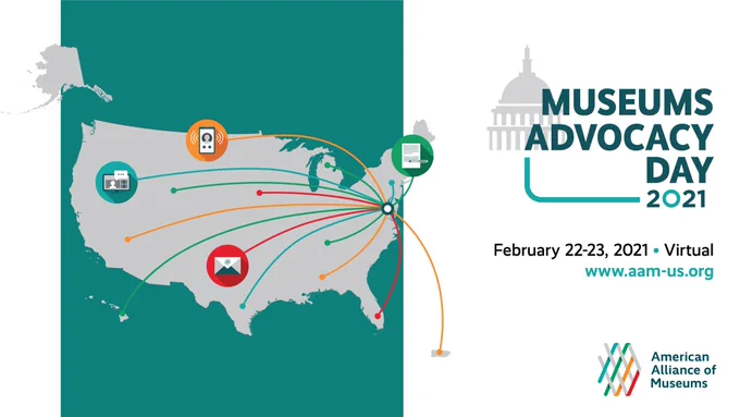 Graphic of map of 50 US states and Puerto Rico with lines representing virtual connections connecting phone, mobile phone, virtual meeting, and letter icons to Washington, DC on the map. Capitol dome icon with “Museums Advocacy Day 2021” - February 22-23 | Virtual | aam-us.org | AAM logo.