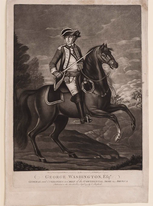 Print of General George Washington on horseback.