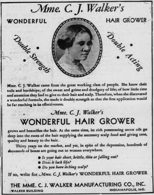 Newspaper advertisement for Mme. C. J. Walker's Wonderful Hair Grower featuring an image of her