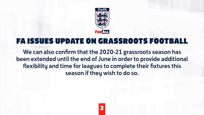FA ISSUES UPDATE ON GRASSROOTS FOOTBALL

We can also confirm that the 2020-21 grassroots season has been extended until the end of June in order to provide additional flexibility and time for leagues to complete their fixtures this season if they wish to do so. 