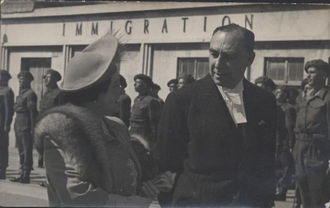 Alexander Coutanche talking to Queen Elizabeth on the occasion of the first Royal Visit after Liberation, 1945