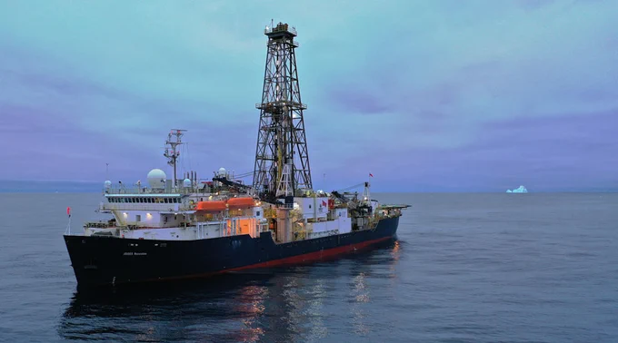 JOIDES Resolution during Expedition 379. Photo credit: Phil Christie, SIEM Offshore, and IODP JRSO.
