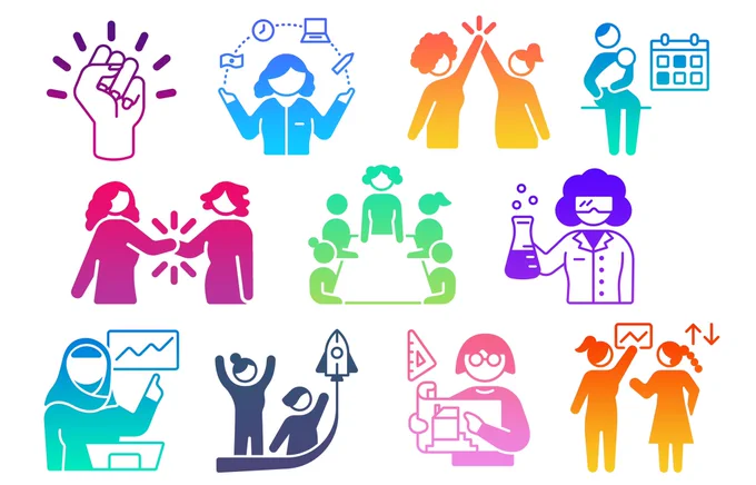 a series of flat icons from the noun project site, featuring women doing different jobs (including scientists, mathematicians, engineers, and CEOs)