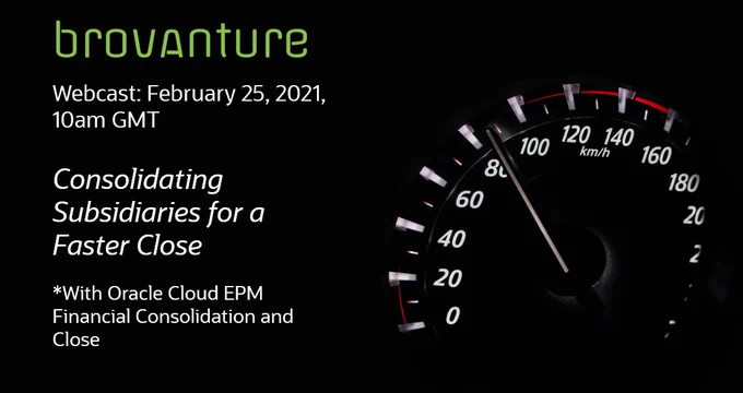Speedometer registering 8 KLMs per hour advertising a webinar that can speed up the financial close.