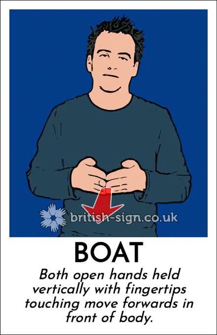 Illustration of person signing the BSL sign for "boat" with the caption "Both open hands held vertically with fingertips touching move forwards in front of body.".