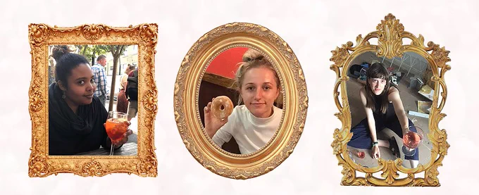 An image of the three members of the 12ø collective. Each member’s image is within an embellished gold frame, one square, one circular and another abstract frame shape. Two members hold a wine glass, whilst the member in the centre holds a doughnut.