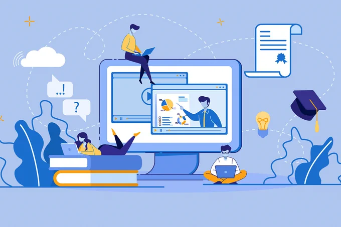 Graphic of different people using their technology for online learning.