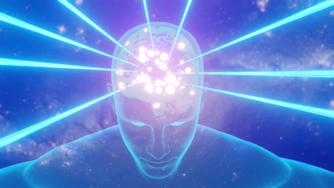 A view looking down on the same man's head. Bright blue rays are emanating from the brain. A galaxy is visible behind him.