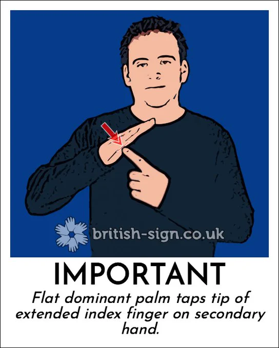 Illustration of person signing the BSL sign for "important" with the caption "Flat dominant palm taps tip of extended index finger on secondary hand.".