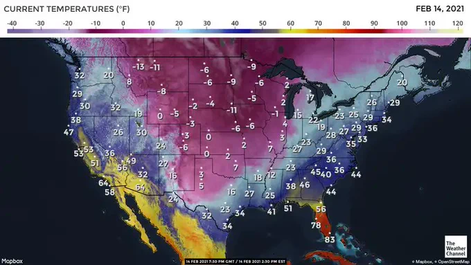 Weather Channel map showing every state in freezing cold temps except Florida.