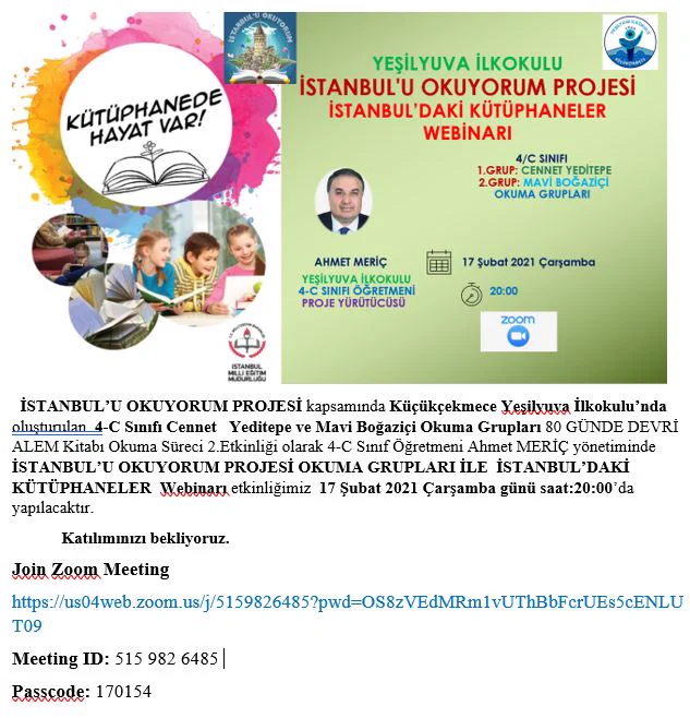 
            Katılımınızı bekliyoruz.

Join Zoom Meeting

https://us04web.zoom.us/j/5159826485?pwd=OS8zVEdMRm1vUThBbFcrUEs5cENLUT09

Meeting ID: 515 982 6485

Passcode: 170154