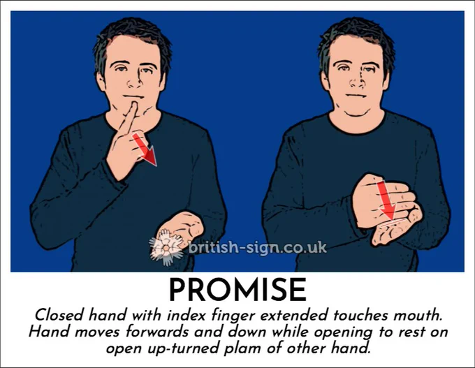 Illustration of person signing the BSL sign for "promise" with the caption "Closed hand with index finger extended touches mouth. Hand moves forwards and down while opening to rest on open up-turned plam of other hand.".