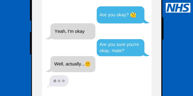An illustration of a text message conversation is pictured. The messages from the sender and receiver read, "are you okay?", "Yeah I'm okay",  "Are you sure you're okay, mate?", "Well actually"...