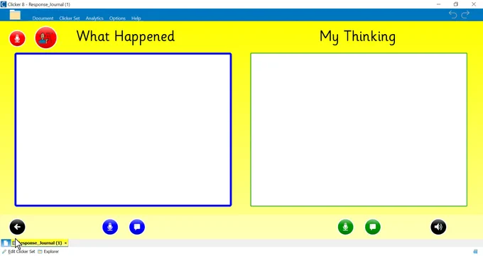 Response Journal template open in Clicker 8, one box for writing about "what happened," the second box for writing "my thinking."