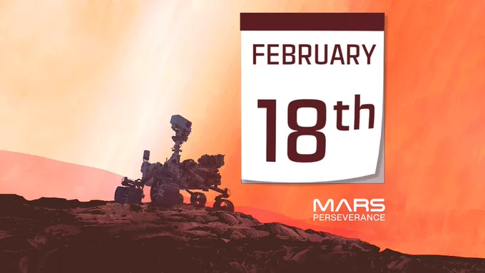 Save the Date graphic with Feb. 18 and Perseverance Mars rover illustration