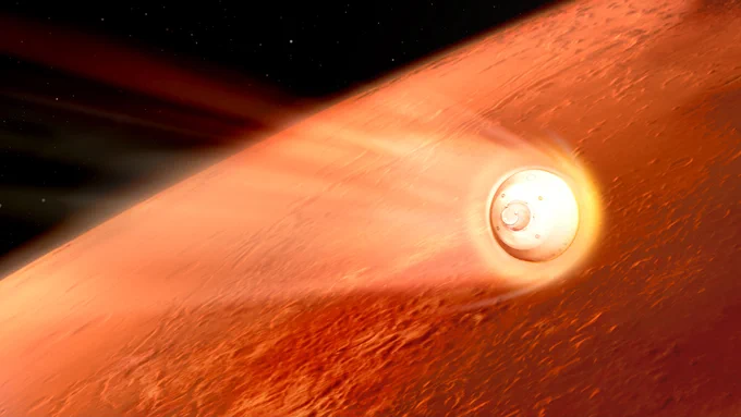illustration of spacecraft zooming into the atmosphere of Mars