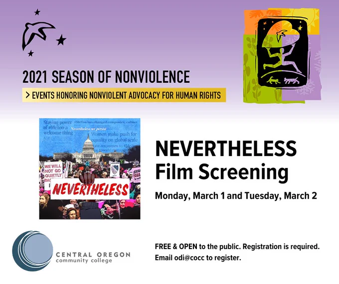 Image of flyer for NEVERTHELESS film screening with images people in front of the Capitol with signs. 