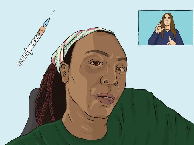 An illustration of a screenshot of Engracia Figueroa taken from Disability Rights California’s January 28 press conference. Engracia is pictured with dark red braids wearing a dark green shirt and a multi-colored bandana against a blue background. On the top left corner is a vaccine needle. On the right is an ASL interpreter mid-sign. 