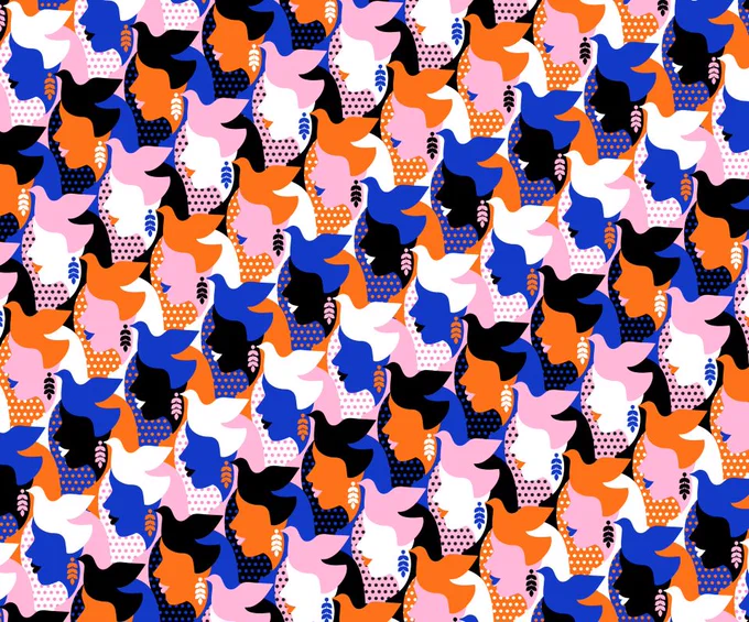 A digital collage of repeating images of the profile of a woman's face and a dove in alternating shades of pink, blue, white, and orange. The dove is holding an olive branch that doubles as the woman's earring.