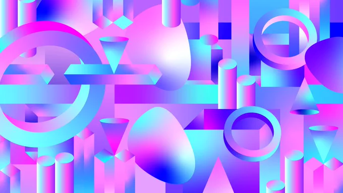 A collage of geometric shapes in retro shades of blue and pink.