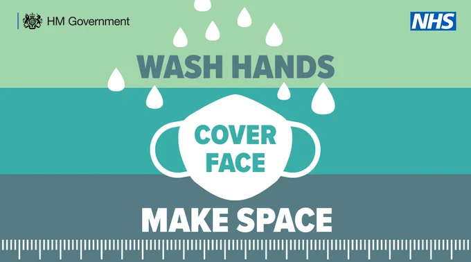 Text says: Wash hands, cover face, make space