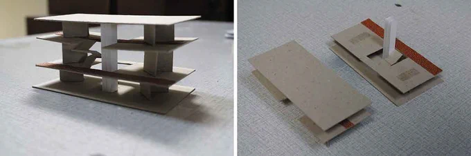 Adaptable model representing the interior circulation of one building wing, on a larger scale to allow going inside the model with the hands
