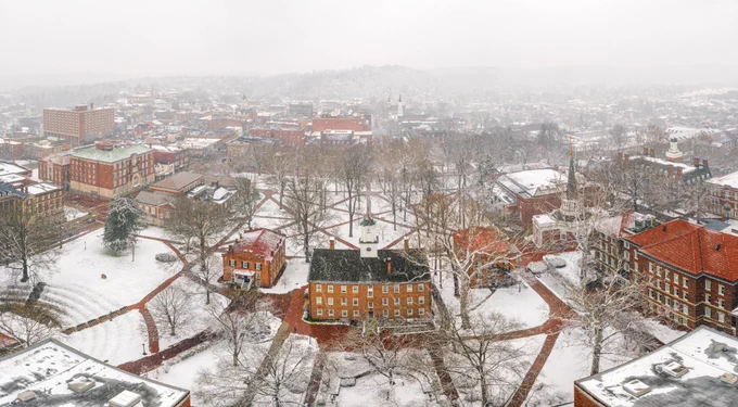 Snowy, drone photo above College Green at Ohio University's Athens campus.