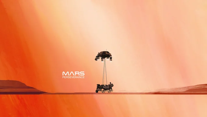 Orange tint applied to a rendering  of the rover landing on Mars with a sky crane over it.