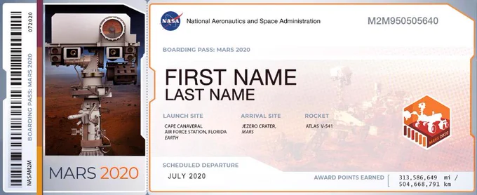 Mars 2020 rover mission boarding pass with illustration of rover