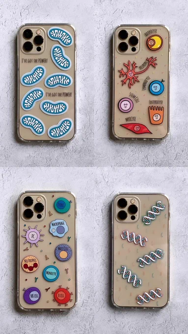 Photo of 4 science themed phone cases. One with mitochondria, a happy cells one, an immunology one and one with DNA on it.