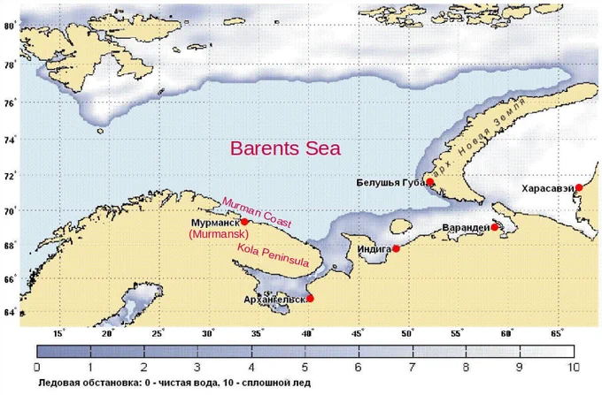 A map showing the extent of ice cover in the Barents Sea in January 2009. Labels added to show the location of Murmansk on the Murman Coast of the Kola Peninsula.