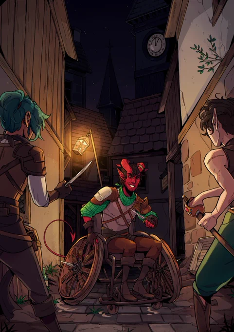 A piece of art by @kroovv depicting Talin, a wheelchair-using tiefling ready to take on 2 thieves in an alleyway.