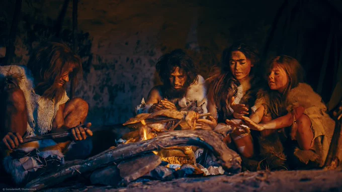 Neanderthal or Homo Sapiens Family Cooking Animal Meat over the Campfire and then Eating it.
